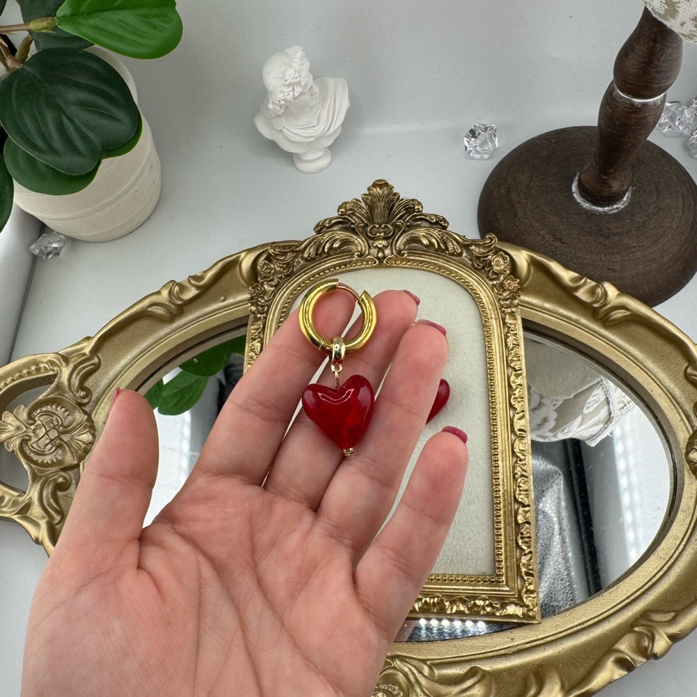 Gold Hoop Earrings with Red Heart Charm – Romantic & Playful - Picture 8 of 12